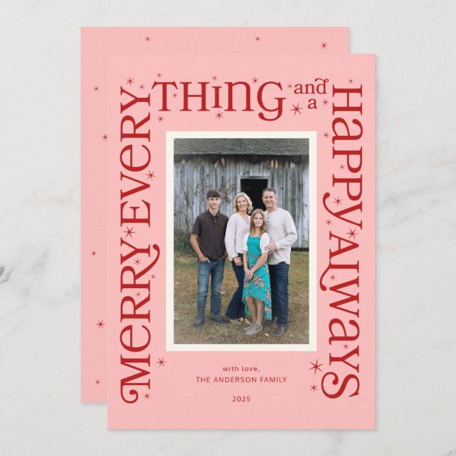 Cartes Pour Fêtes Annuelles Pink Merry Everything and a Happy Always (Devant / Derrière)