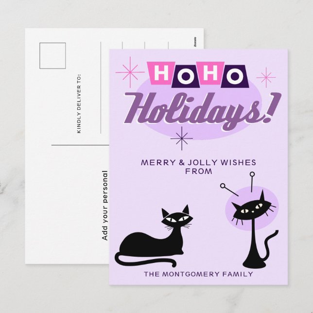 Cartes Pour Fêtes Annuelles Pink Midcentury Modern Ho Ho Holidays Christmas (Devant / Derrière)