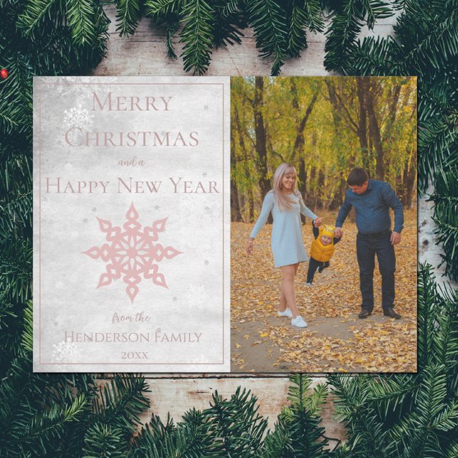 Cartes Pour Fêtes Annuelles Pink Modern Snowflop Photo (Pink Modern Snowflake Photo Holiday Card)