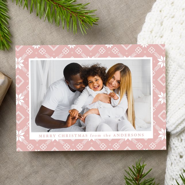 Cartes Pour Fêtes Annuelles Pink Nordic Snowflake Motif Photo (Créateur téléchargé)