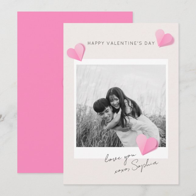 Cartes Pour Fêtes Annuelles Pink Paper Hearts Photo Love XOXO Valentine's Day (Devant / Derrière)