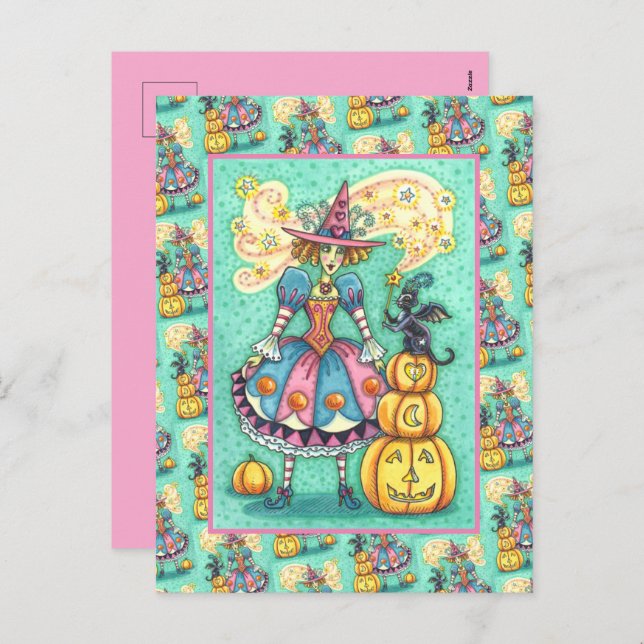 CARTES POUR FÊTES ANNUELLES PINK PARTY WITCH EST HALLOWEEN MAGIQUE, CHAT NOIR (Devant / Derrière)