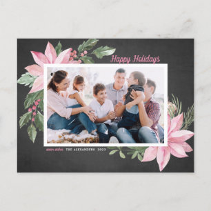 Cartes Pour Fêtes Annuelles Pink Poinsettias Chalkboard Joyeux vacances Photo
