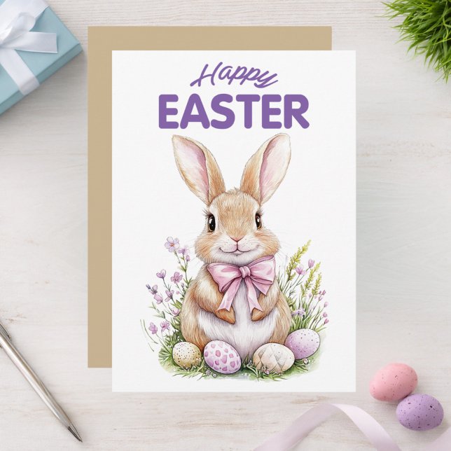 Cartes Pour Fêtes Annuelles Pink Purple Easter Bunny Floral Happy Easter Card (Créateur téléchargé)