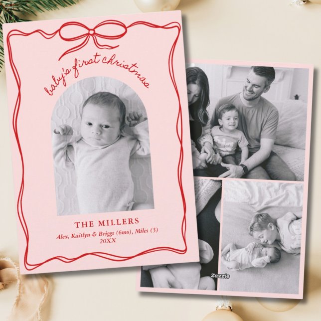 Cartes Pour Fêtes Annuelles Pink & Red Grandmillennial Baby's 1er Christmas (Pink & Red Grandmillennial Baby's 1st Christmas Holiday Card)