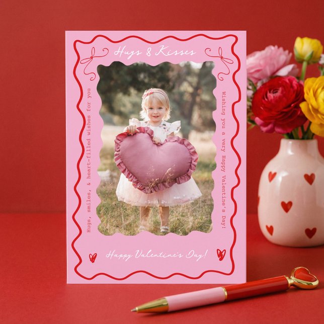 Cartes Pour Fêtes Annuelles Pink Red Retro Wavy Scribble Child Photo Valentine (Pink Red Retro Wavy Scribble Child Photo Valentine Holiday Card)