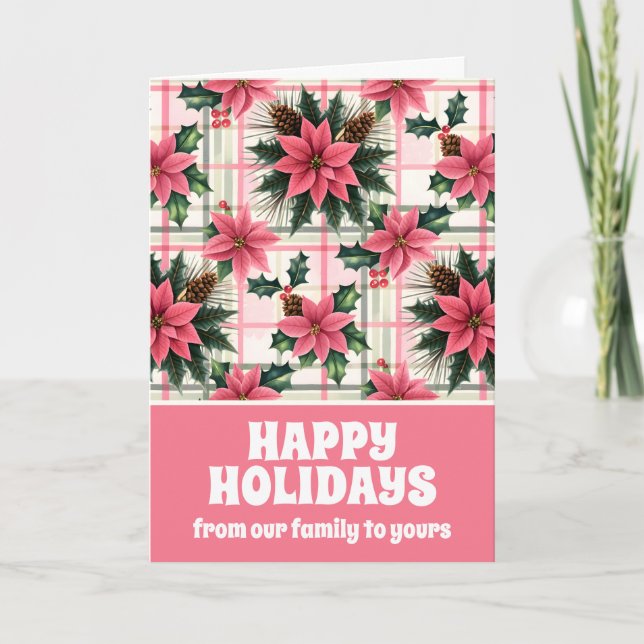 Cartes Pour Fêtes Annuelles Pink Retro Noël Floral Plaid Joyeux Noël (Devant)