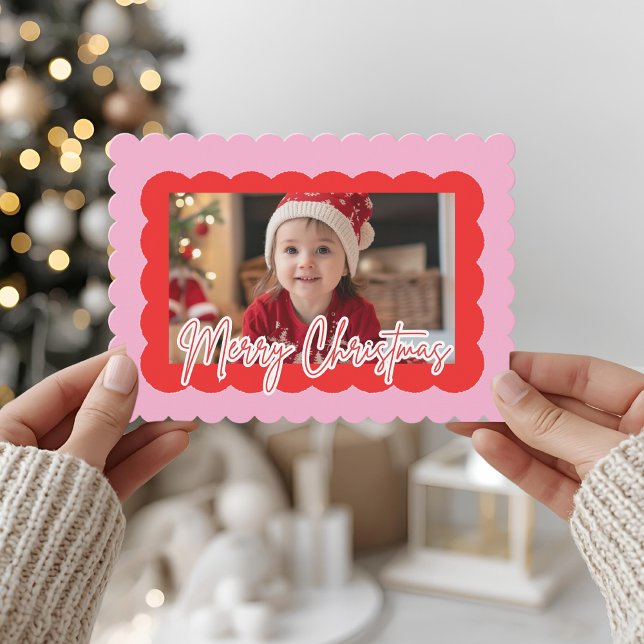 Cartes Pour Fêtes Annuelles Pink Scallop Photo Christmas | Modern Merry  (Créateur téléchargé)