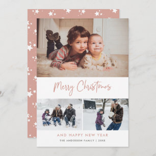 Cartes Pour Fêtes Annuelles Pink Script Stars Christmas 3 Photo Collage