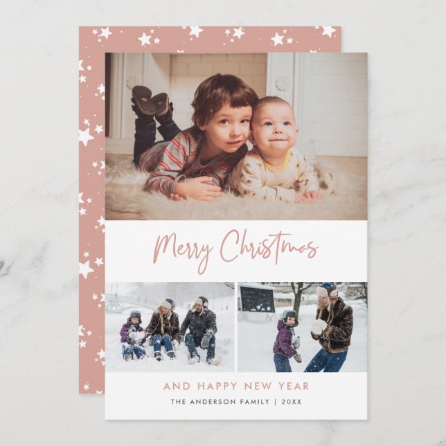 Cartes Pour Fêtes Annuelles Pink Script Stars Christmas 3 Photo Collage (Devant / Derrière)