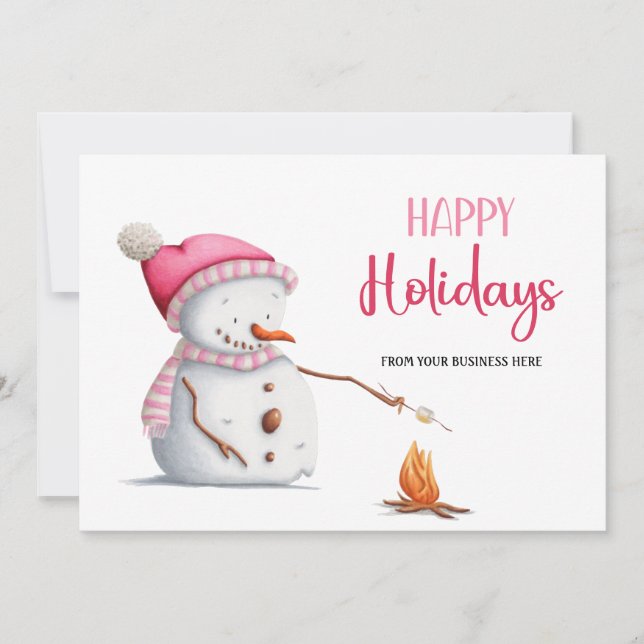 Cartes Pour Fêtes Annuelles Pink Snowman Marshmallows Happy Holidays Business (Devant)