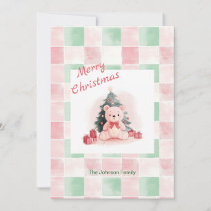 Cartes Pour Fêtes Annuelles Pink Teddy Bear mignonne Christmas Flat Holiday Ca