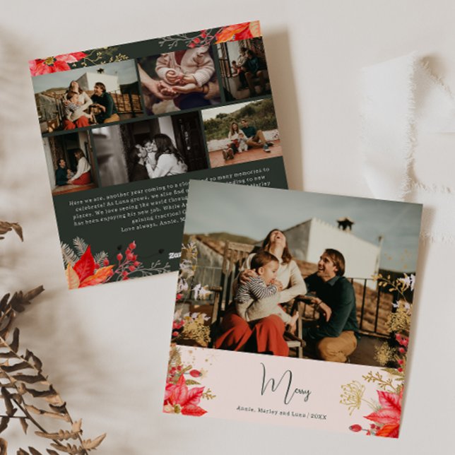 Cartes Pour Fêtes Annuelles Pink Winter Floral Joyeux Sept Photo Noël (Créateur téléchargé)