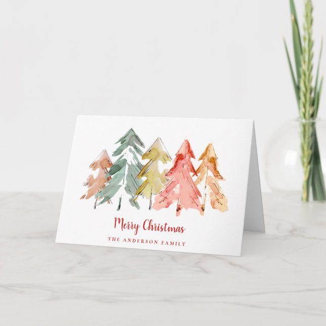 Cartes Pour Fêtes Annuelles Pins Aquarelle Abstraite Joyeux Noël (Devant)