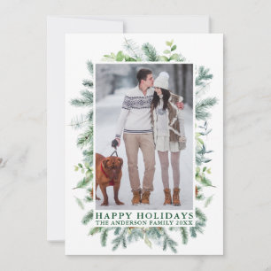 Cartes Pour Fêtes Annuelles Pins Aquarelle Cadre Photo Vert