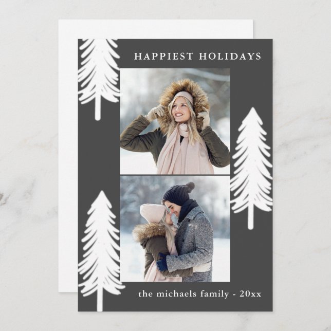 Cartes Pour Fêtes Annuelles Pins blancs Festive Deux vacances photo (Devant / Derrière)