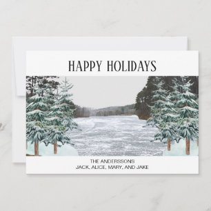 Cartes Pour Fêtes Annuelles Pins couverts de neige Icy Lake Joyeuses vacances