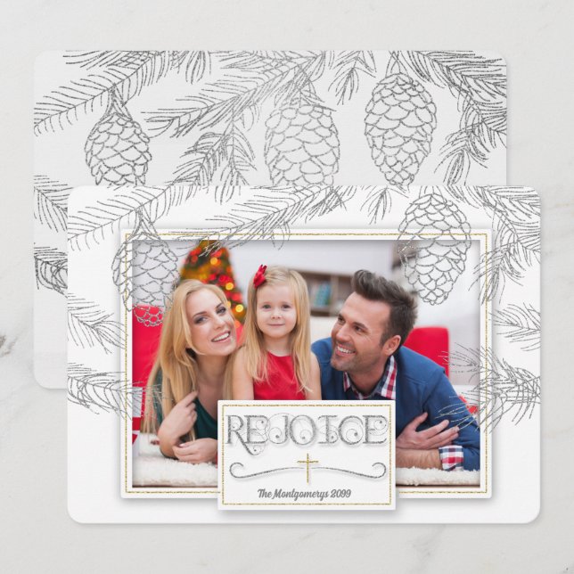 Cartes Pour Fêtes Annuelles Pins d'argent se réjouir Croix chrétienne Photo (Devant / Derrière)