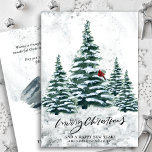 Cartes Pour Fêtes Annuelles Pins d'hiver vert rustique Arbres Red Cardinal Bir<br><div class="desc">Rustique Green Pine Trees Red Cardinal Bird Watercolor Carte de vacances. Envoyez des voeux de vacances à vos proches avec ces cartes de style couleur simple et moderne non photo design festif, nature nature! Un jour enneigé dans une montagne avec de grands pins d'aquarelle peints en vert doux et un...</div>