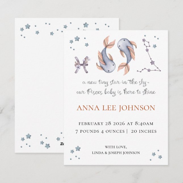 Cartes Pour Fêtes Annuelles Pisces Zodiac Birth Announcement (Devant / Derrière)