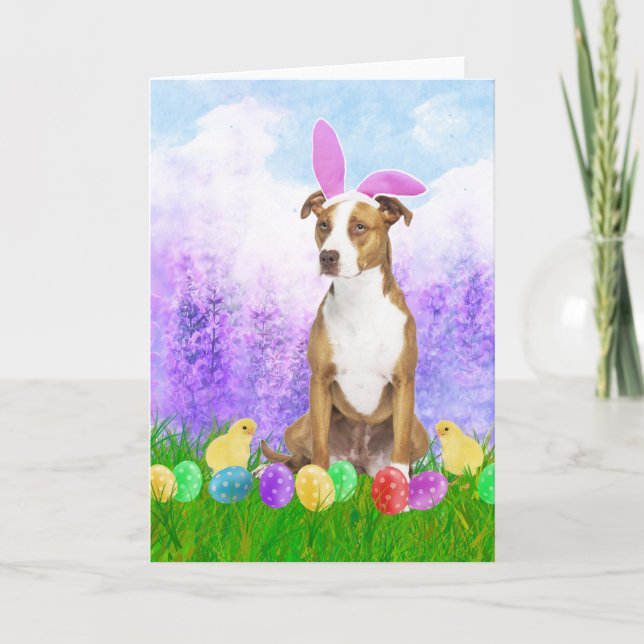 Cartes Pour Fêtes Annuelles Pitbull Chien avec oeufs de Pâques Poussins lapins (Devant)