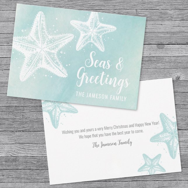 Cartes Pour Fêtes Annuelles Plage d'aquarelle côtière Noël (Elegant Beach Seasons Greetings Holiday Card)