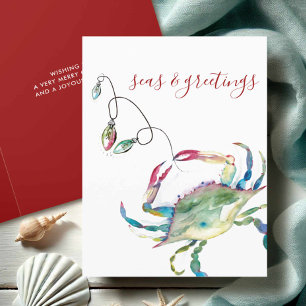 Cartes Pour Fêtes Annuelles Plage de crabe à l'aquarelle côtière de Noël