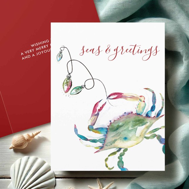 Cartes Pour Fêtes Annuelles Plage de crabe de Noël à l'aquarelle côtière (Beach Christmas cards watercolor blue crab art by Victoria Grigaliunas Do Tell A Belle)