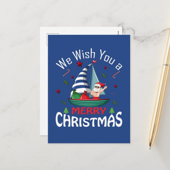 Cartes Pour Fêtes Annuelles Plage de Noël Père Noël voilier (Devant/Arrière en situation)