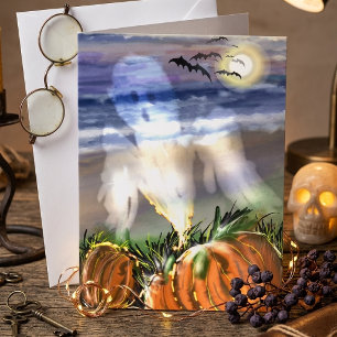 Cartes Pour Fêtes Annuelles Plage hantée avec un fantôme et des citrouilles