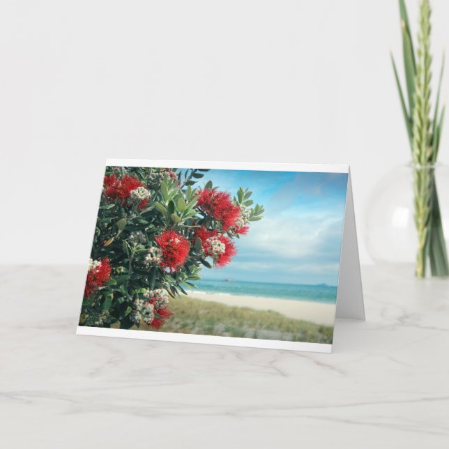 Cartes Pour Fêtes Annuelles Plage paradisiaque de fleurs rouges Nouvelle-Zélan (Devant)