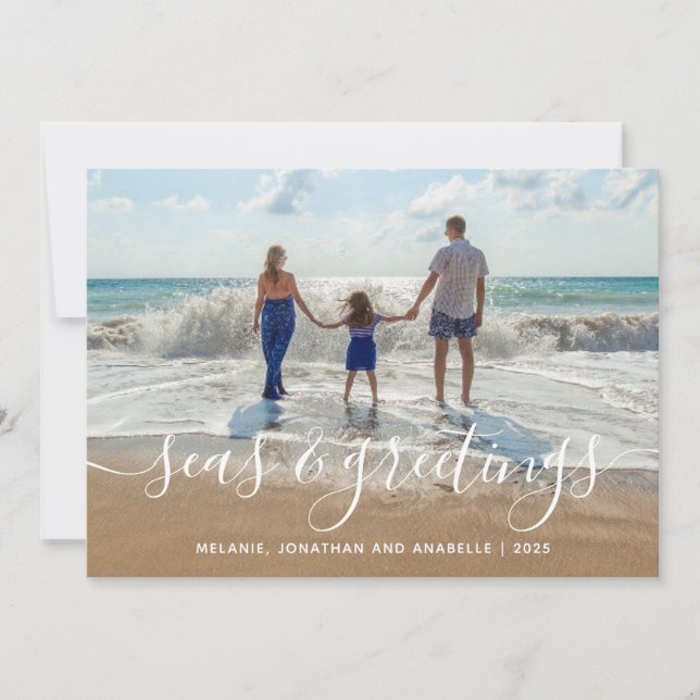 Cartes Pour Fêtes Annuelles Plage Seas et salutations Script manuscrit (Devant)