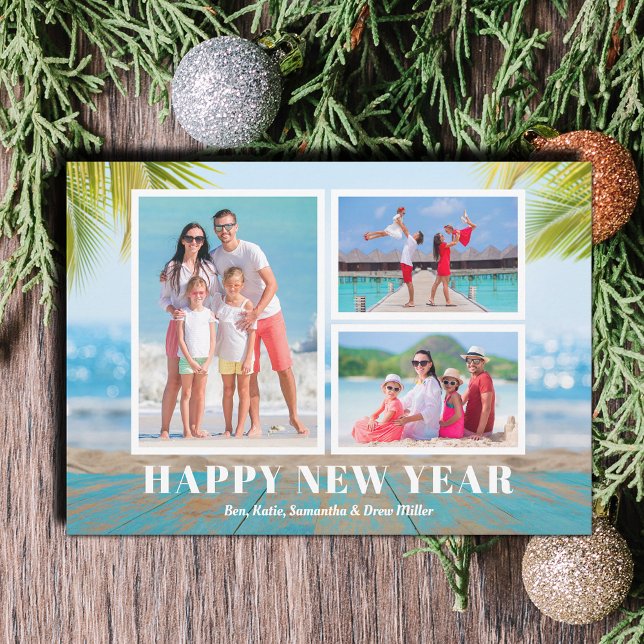 Cartes Pour Fêtes Annuelles Plage tropicale Bonne année photo (Tropical Beach Happy New Year Photo Holiday Cards - Order INSTANT DOWNLOAD and/or PRINTED or both!)