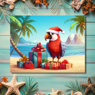 Cartes Pour Fêtes Annuelles Plage tropicale de Perroquet de Père Noël Noël