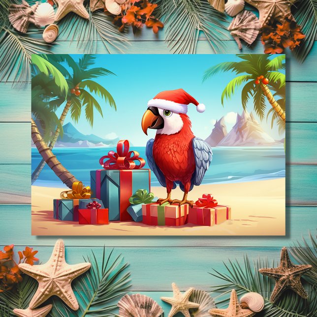 Cartes Pour Fêtes Annuelles Plage tropicale de Perroquet de Père Noël Noël (Front - Cute Santa Parrot Tropical Beach Christmas Holiday Card)