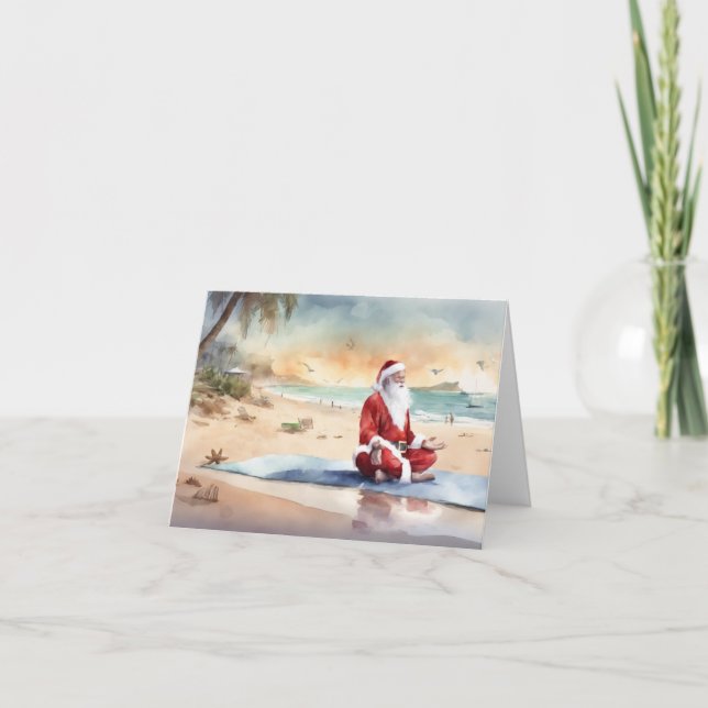 Cartes Pour Fêtes Annuelles Plage Yoga Père Noël avec palmiers (Devant)