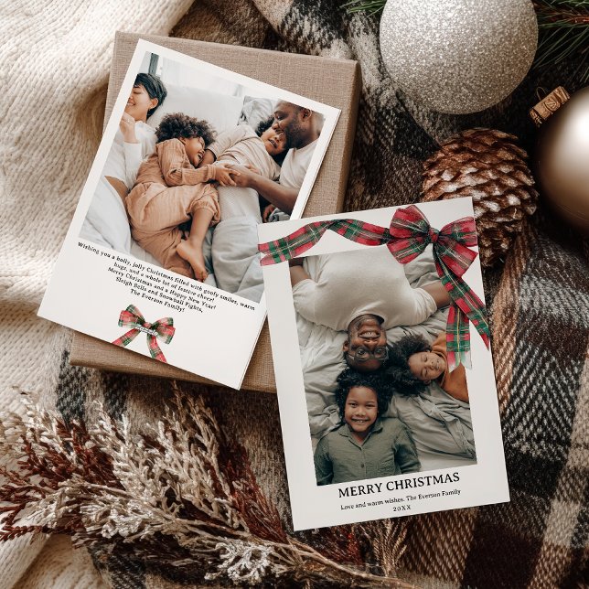 Cartes Pour Fêtes Annuelles Plaid Coquette Bow Noël hiver 2 Photo (Plaid Coquette Bow Christmas Winter 2 Photo Holiday Card)