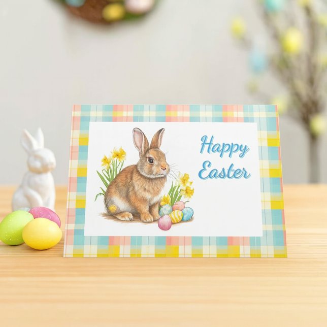 Cartes Pour Fêtes Annuelles Plaid de printemps de Pâques (cheerful spring plaid Easter card with bunny rabbit and inside message. )