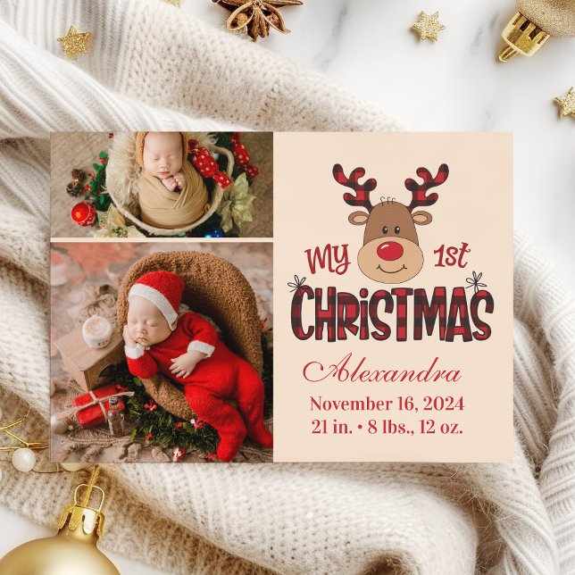 Cartes Pour Fêtes Annuelles Plaid Reindeer Baby First Christmas 2 Photo  (Créateur téléchargé)