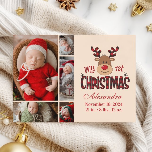 Cartes Pour Fêtes Annuelles Plaid Reindeer Baby First Christmas 5 Photo  (Créateur téléchargé)