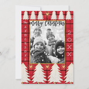Cartes Pour Fêtes Annuelles Plaid rouge noir et arbres blancs Photo rustique d