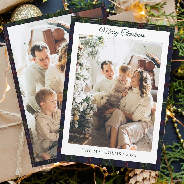 Cartes Pour Fêtes Annuelles Plaid Rustic 2 Photos Tartan Famille Noël (Rustic Plaid Family Photos Script Tartan Christmas Greetings Card)