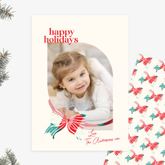 Cartes Pour Fêtes Annuelles Plaid Vert & Rouge Lié Avec Photo De Famille Bow