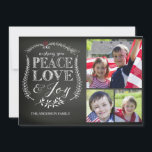 Cartes Pour Fêtes Annuelles Plaisir de paix moderne Joie Chalkboard<br><div class="desc">Tableau Contemporain 3 photo Noël carte photo de vacances avec belle typographie lettrée à la main avec le dicton "souhaitant Paix Amour & Joie orné de fleurs de feuilles dessinées à la main.</div>
