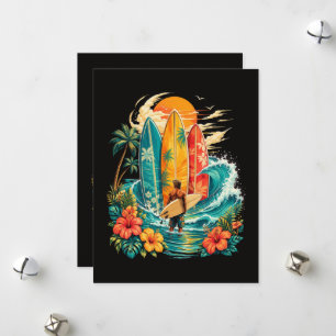 Cartes Pour Fêtes Annuelles Planche de surf Hawaï vague plage surfeur vintage