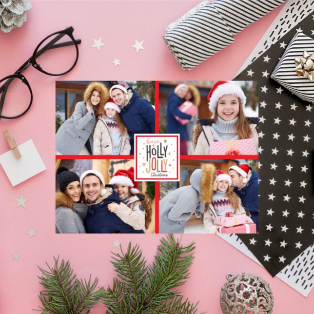 Cartes Pour Fêtes Annuelles Plaque de Noël Holly Jolly (ajoutez vos photos) (Créateur téléchargé)