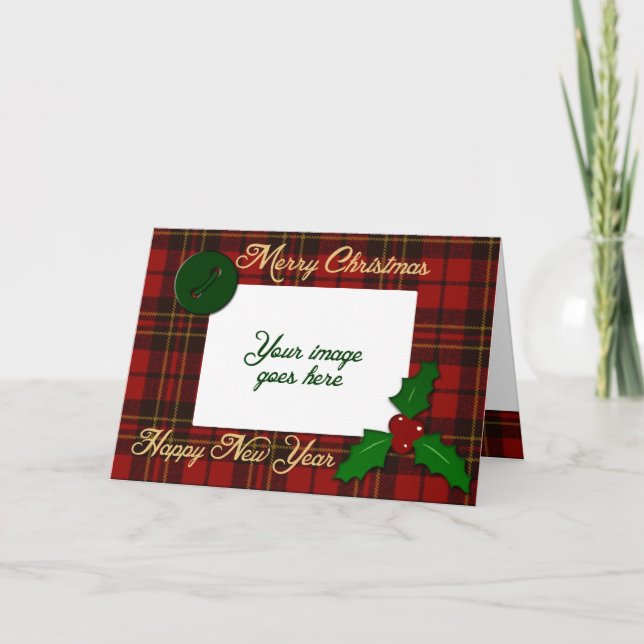 Cartes Pour Fêtes Annuelles Plaque rouge tartan Votre photo voeux de Noël (Devant)