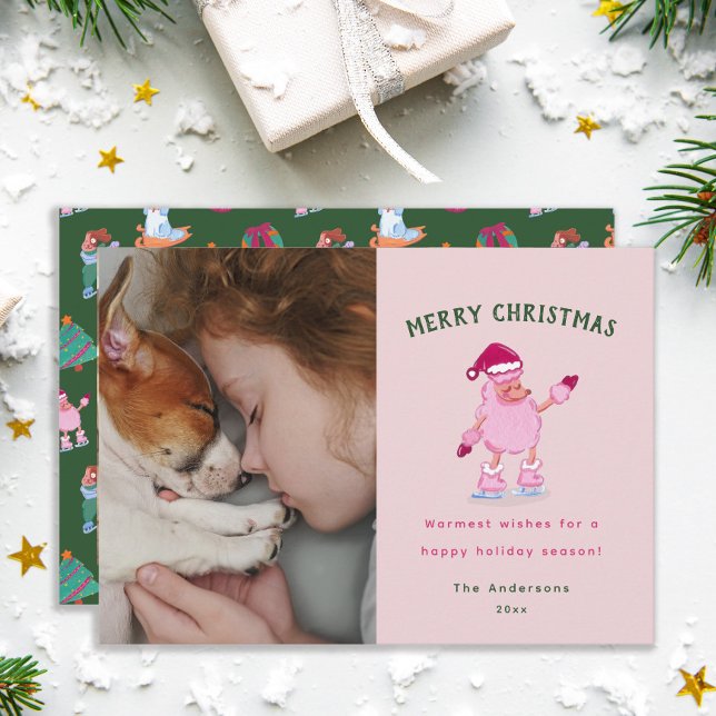 Cartes Pour Fêtes Annuelles Playful Poodle Ice Skating Pink Christmas  (Créateur téléchargé)