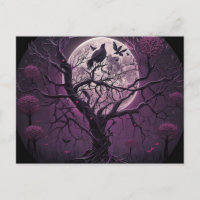 Pleine lune aux oiseaux noirs de l'arbre pourpre H