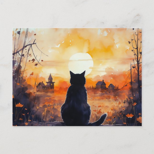 Cartes Pour Fêtes Annuelles Pleine lune Chat Noir Feuilles Pays Halloween (Devant)